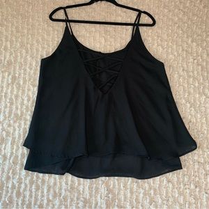 WOMENS LARGE BLACK V NECK CROSS SLEEVELESS BLOUSE TOP SPAGHETTI LOOSE FIT FLOW